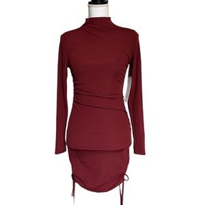 Almost Famous Side Drawstring Mock Neck Bodycon Dress SZ Medium Red Fall NEW